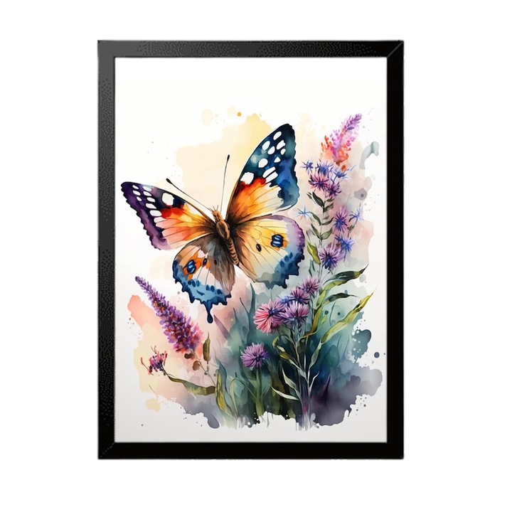 Tablou decorativ watercolor painting butterfly flower field, A4, Negru, 30x20cm, decoratiuni moderne pentru casa