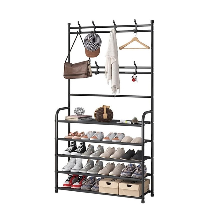 Cuier cu Raft de Incaltaminte si Depozitare cu 4 Nivele, Cuier pentru Haine cu 8 Carlige, Raft Organizator pentru Intrare si Hol, 4 Nivele, 80x26.5x171, Negru