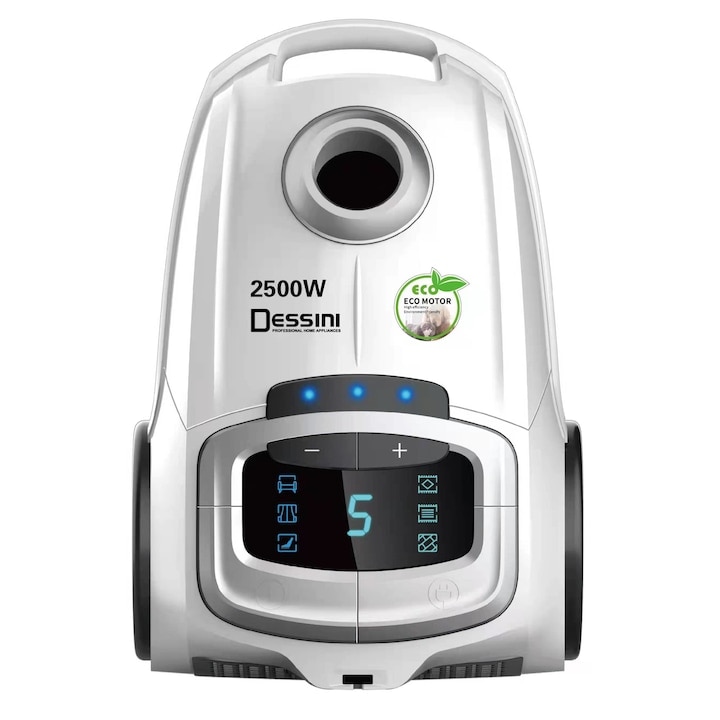 Aspirator DESSINI 2500W cu filtru de aer HEPA si LED Display, cablu 5 m, Alb