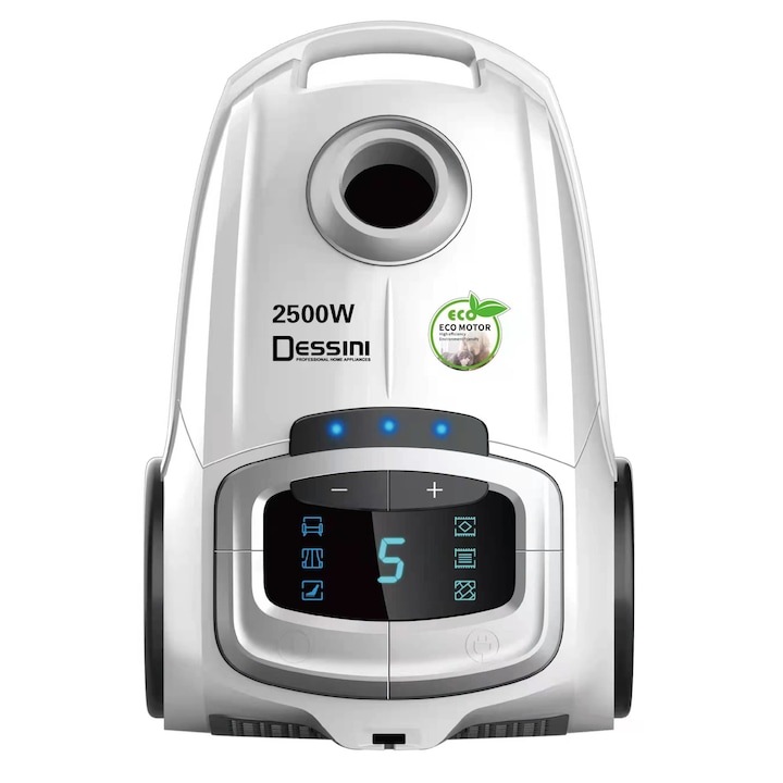 Aspirator DESSINI 2500W cu filtru de aer HEPA si LED Display, cablu 5 m, Alb