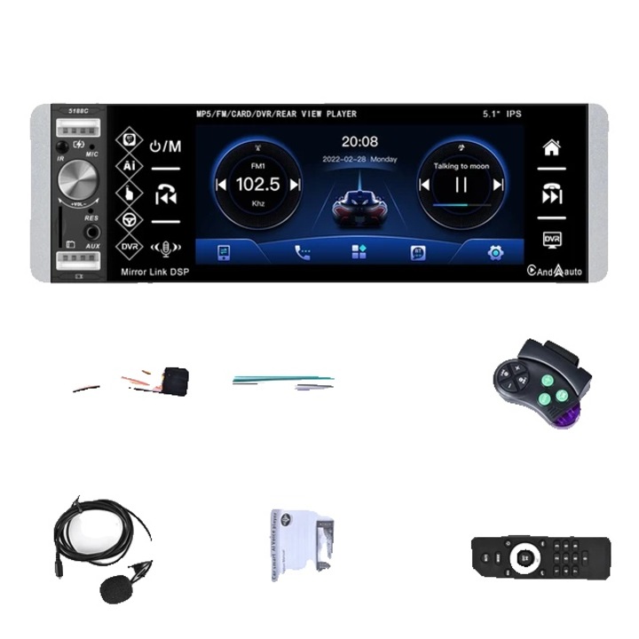 Autórádió 5 hüvelykes érintőképernyővel, Bluetooth, 12 LED kamera, CarPlay/Android Auto funkció, többszínű