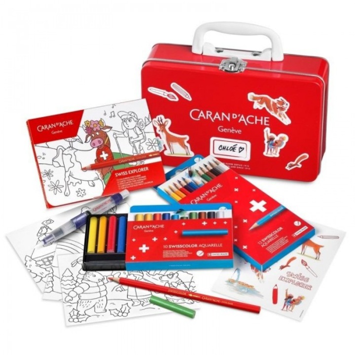 Set de desen Caran d'Ache Swisscolor, valiza metalica, 22 creioane acuarela, multicolor, 148x203mm