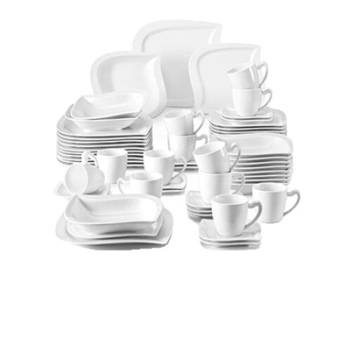 60 db-os asztali kiszolgáló készlet, porcelán, fehér, hőálló, 6 személyes