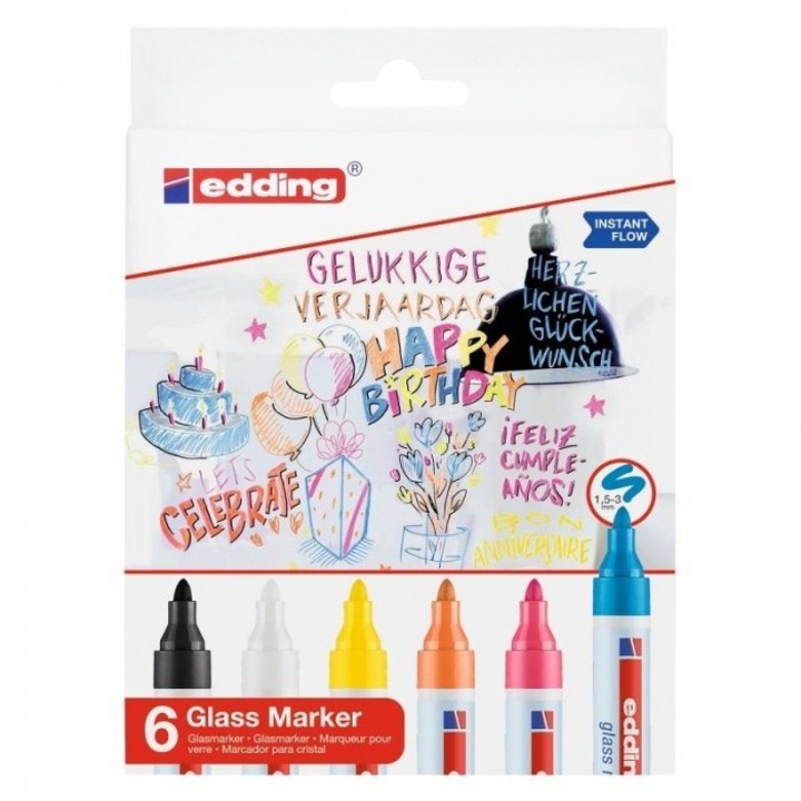 Комплект от 6 маркера за стъкло, Edding, кръгъл връх 1.5-3 мм, 126x181 мм, многоцветни