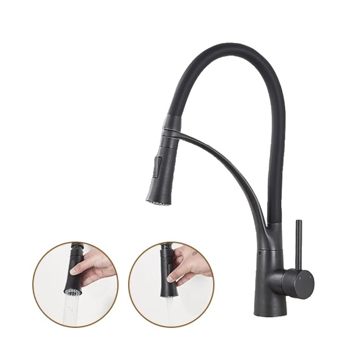 Fürdőszobai csaptelep, lehúzható zuhanyfejjel, 360 fokban forgatható, egykaros, matt fekete