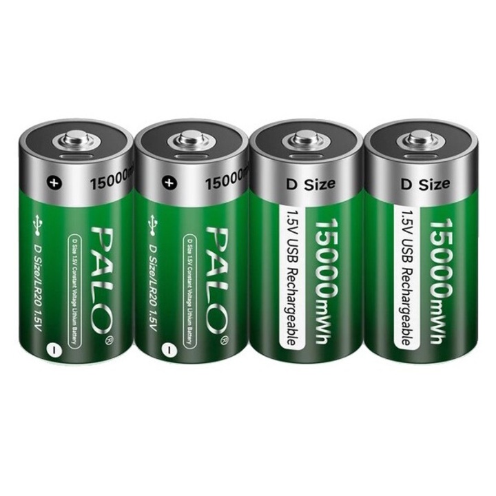 4 db D méretű újratölthető elem készlet, USB, 15000mWh