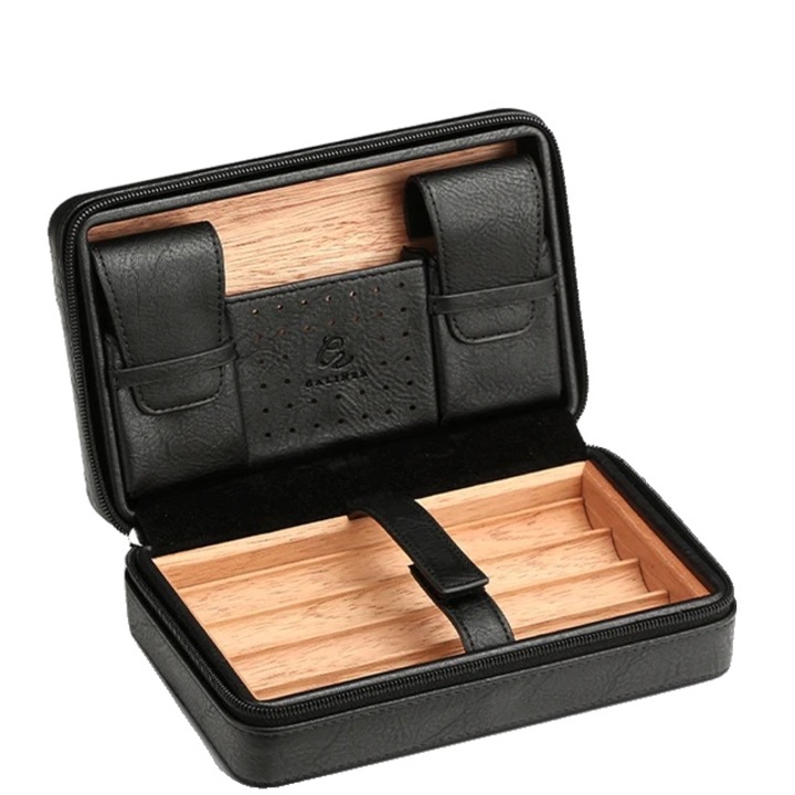 Cutie umidor pentru trabucuri, negru, 203x127x77mm, set cu accesorii, capacitate 4 trabucuri