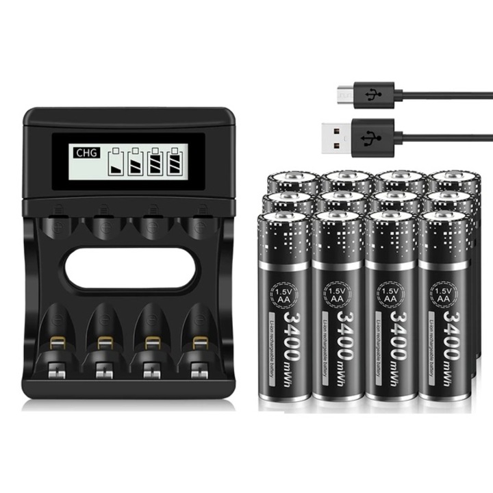 Set acumulatori AA Li-ion 3400mWh si incarcator, afisaj LCD, compact, set 12 baterii