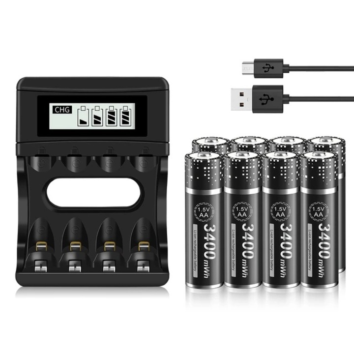 AA Li-ion újratölthető akkumulátor készlet 3400 mWh, töltő LCD kijelzővel, 8 elem
