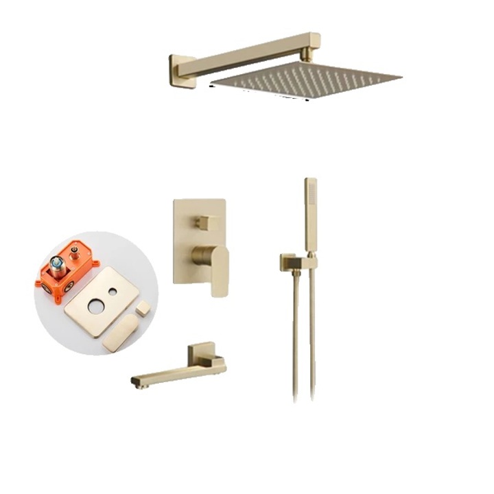 Robinet de dus, cap de dus cu efect de ploaie, montare pe perete, 3 cai, 12 inchi, auriu