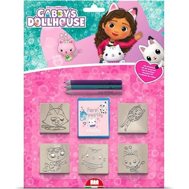 Set 5 stampile, Multiprint Koci Domek Gabi, 3 creioane, multicolor, +3 ani, 212x283 mm