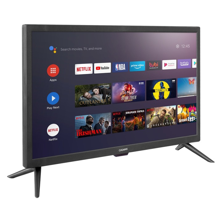 Televizor smart Calman, 12V / 220V, Android, LED, Full HD, 24 inchi, caravana, rulota, tir, Negru