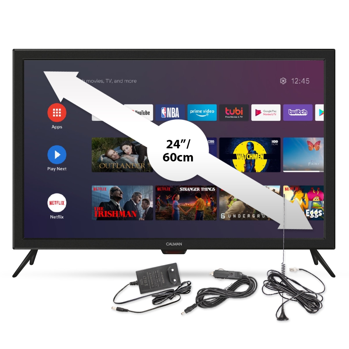 Televizor smart Calman, 12V / 220V, Android, LED, Full HD, 24 inchi, caravana, rulota, tir, Negru
