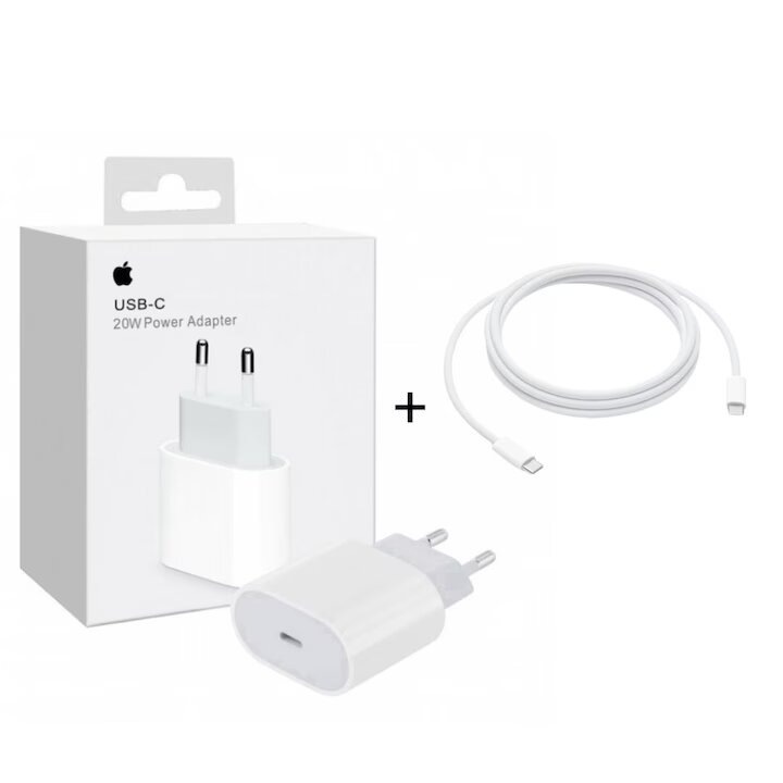 Комплект зарядно Apple 220V, MUVV3ZM/A, 20W, USB-C + Кабел A2795, Type-C - Type-C, Original IC, бял