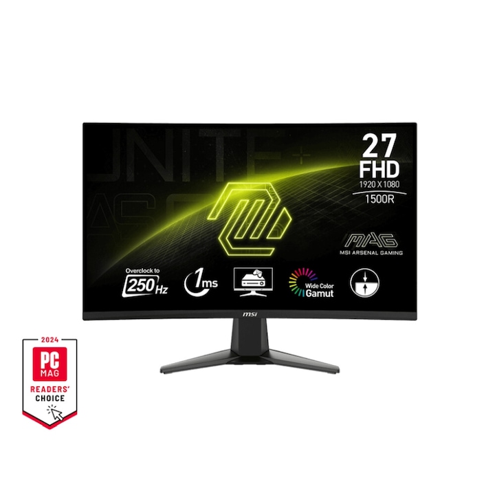 Monitor, MSI MAG 27C6X, 27", VA, 240Hz, 250Hz(OC), 1ms, ívelt, FHD 1920x1080, adaptív szinkronizálás, AI Vision, VRR, konzol mód, CEC, LBL, 250 nit, 1300: , 100M:1, 1x kijelző port (1.2a), 2x HDMI (2.0b), fejhallgató kimenet, FRAMEL 9S6-3CE01M-002