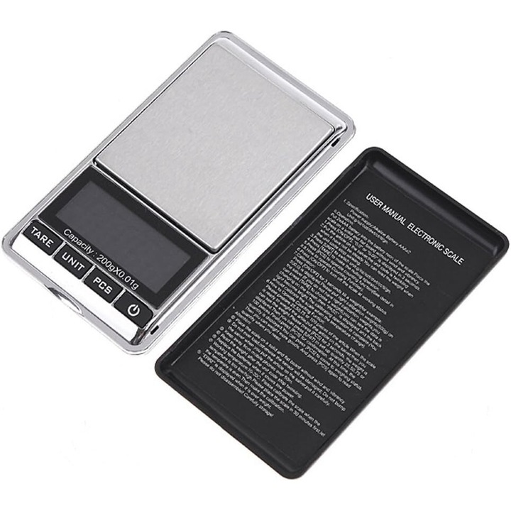 Cantar de buzunar digital, KMOON, 200g*0.01g, inox, argintiu