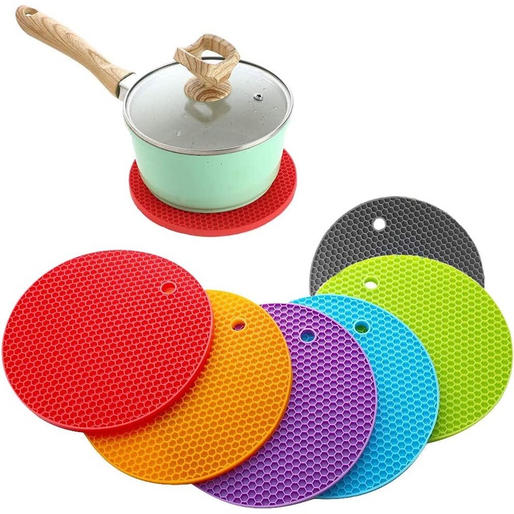 Set 6 suporturi rotunde pentru oale, Enforose, silicon, antialunecare, rezistent la caldura, sigure pentru masina de spalat vase, multicolor