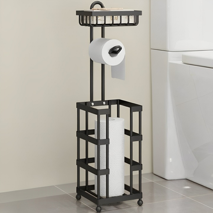 Suport Hartie Igienica, BYONDSELF®, cu Raft Depozitare pentru Servetele Umede/Telefon, 4 Picioare Sustinere Rezistente Umiditate, Poate Stoca 4 Role Hartie Igienica, Patrat, 15x15x62cm, Metal, Negru