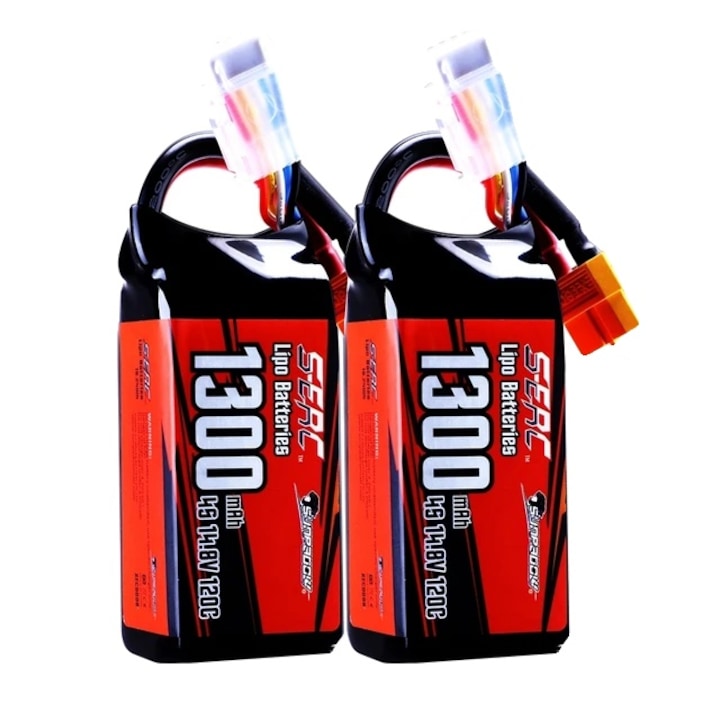 Set 2 baterii LiPo, 1300mAh 4S 120C, 77x35x33mm, conectori XT60