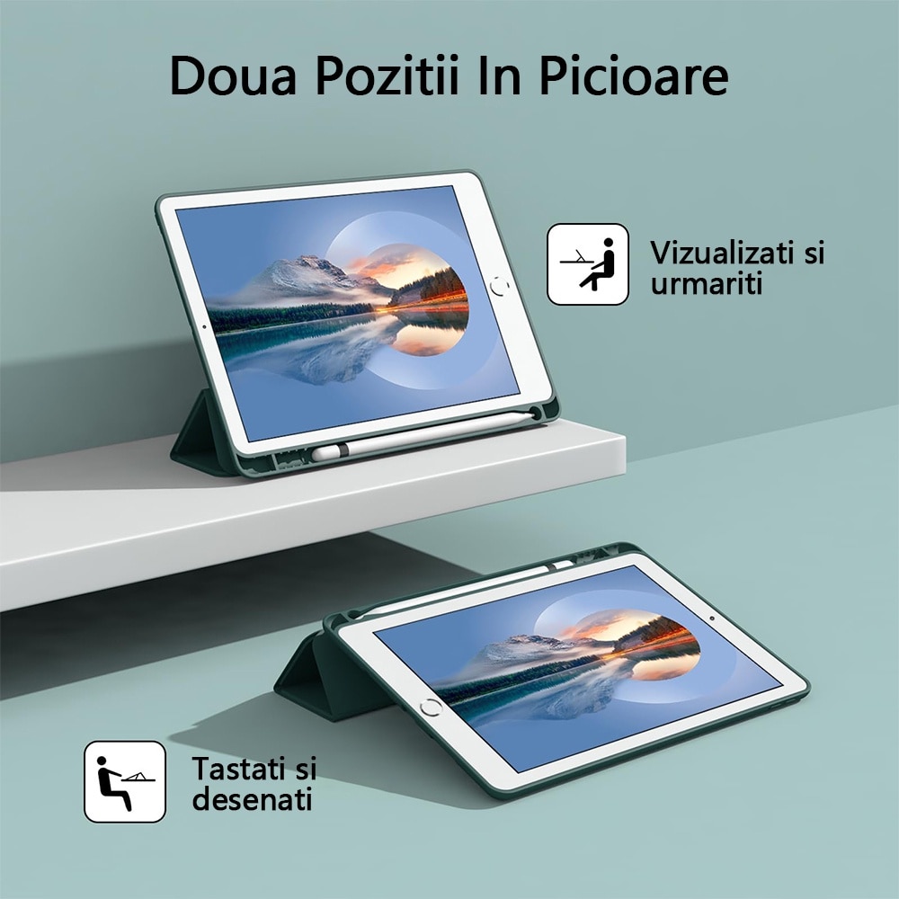 Husa tableta de protectie, Compatibila Apple iPad 10.9 inch 2022, REDKID®, Husa suport pentru creion, Green Tea