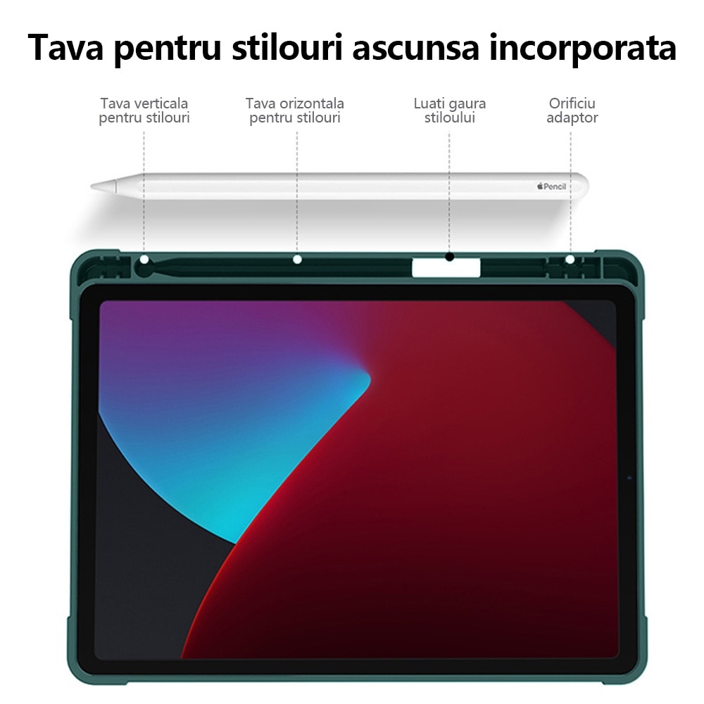 Husa tableta de protectie, Compatibila Apple iPad 10.9 inch 2022, REDKID®, Husa suport pentru creion, Green Tea