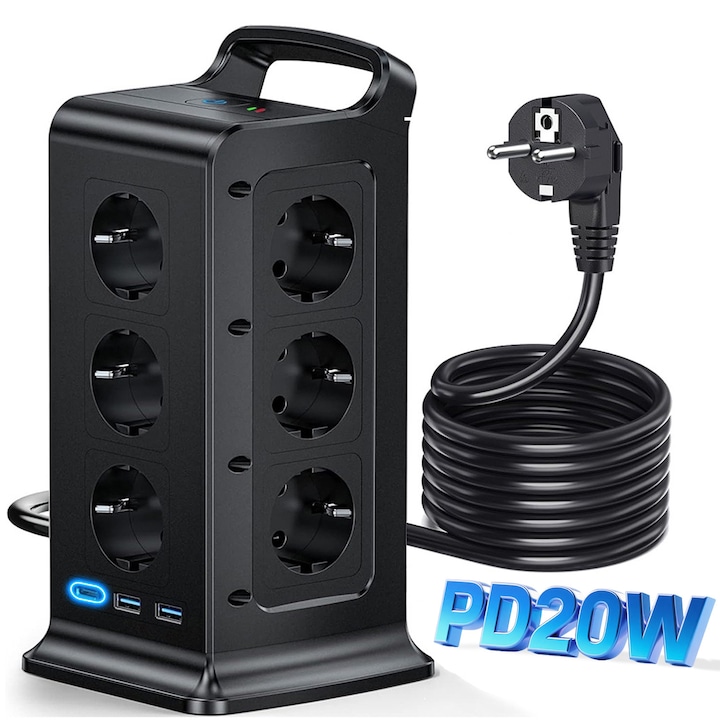Prelungitor Tip Turn, BYONDSELF®, 4000W, 2xUSB/1xType-C PD20W/12xPrize, Protectie Supratensiune, Cordon 2m, Negru