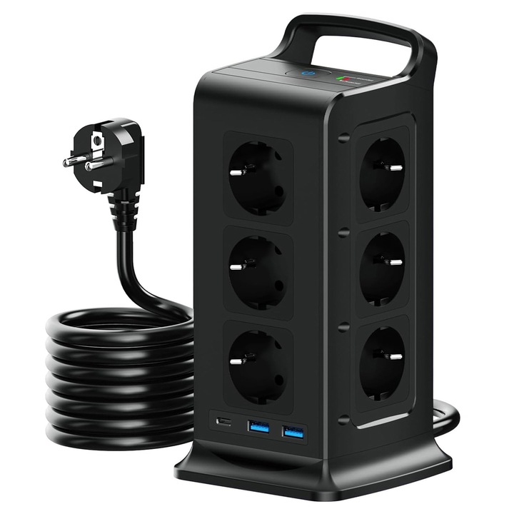 Удължител тип кула, BYONDSELF®, 4000 W, 2xUSB/1xType-C/12xгнезда, защита от пренапрежение, кабел 2 м, черен