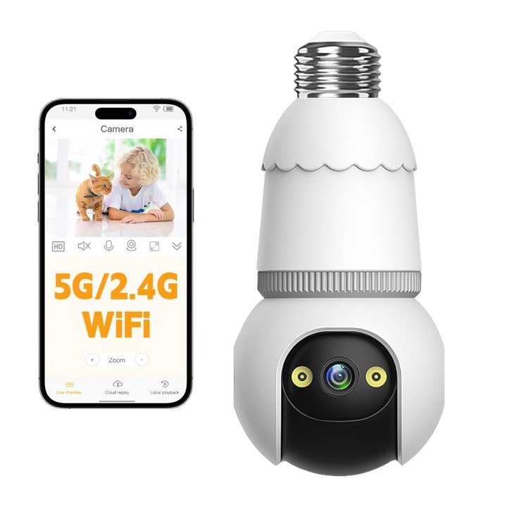 Камера за видеонаблюдение, тип крушка, LONDEMM, Full HD 1080P, WiFi 2.4G & 5G, 355° изглед, детектор на движение, нощно виждане, аларма, MicroSD порт, микрофон и високоговорител, PTZ с E27 гнездо, бял