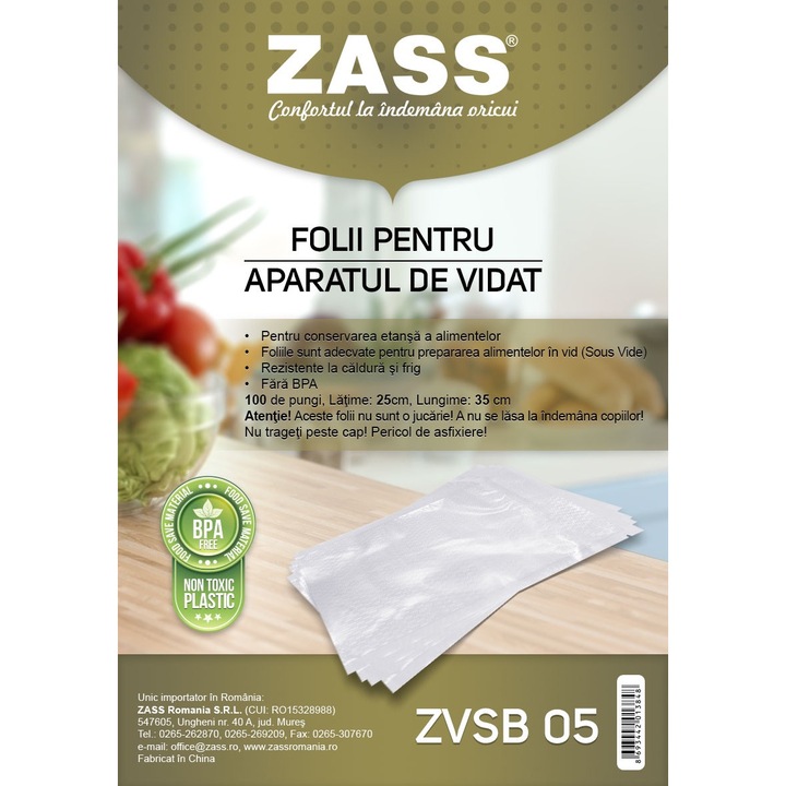 Pungi de vidat gofrate Zass ZVSB 05, 100 bucati, dimensiune 25x35 cm, fara BPA, rezistente la intepaturi si rupere, ideale pentru depozitare sau preparare Sous Vide