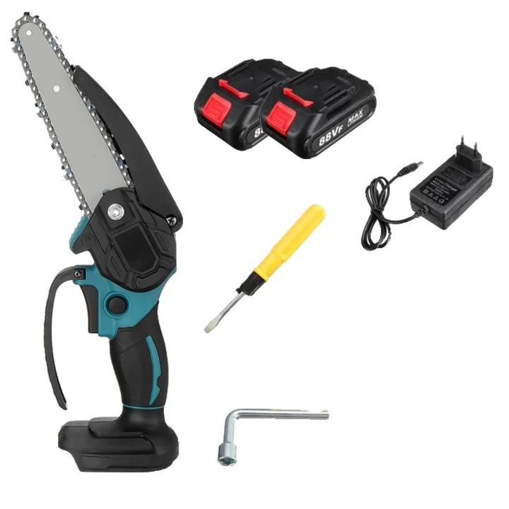 Elektromos fűrész, 3000W, favágás egy kézzel, 2 db elemes készlet, kék