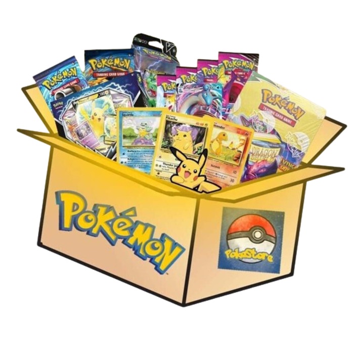 Mystery box pokemon VICTINY ® 200 cartonase aleatorii / 4 plus 20 cm / 12 figurine plastic 2-6 cm / 1 album / 4 bile / 2 bile lego (produsele inlocuiesc originalul)