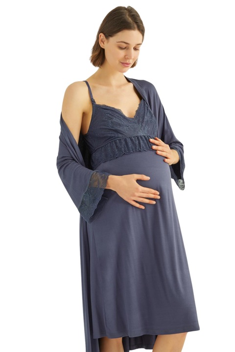 Set camasa de noapte si halat pentru alaptare si maternitate cu dantela, Monamise, Bumbac Oeko-Tex ® Standard 100, Albastru