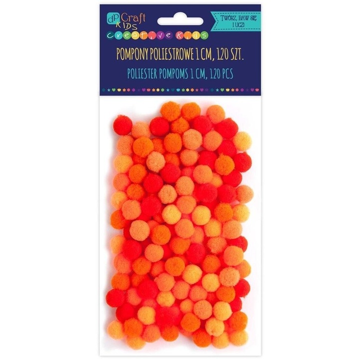 Set creativ pentru copii Dalprint, pomponi poliester, portocaliu, 1cm, 120 buc, 91x162mm