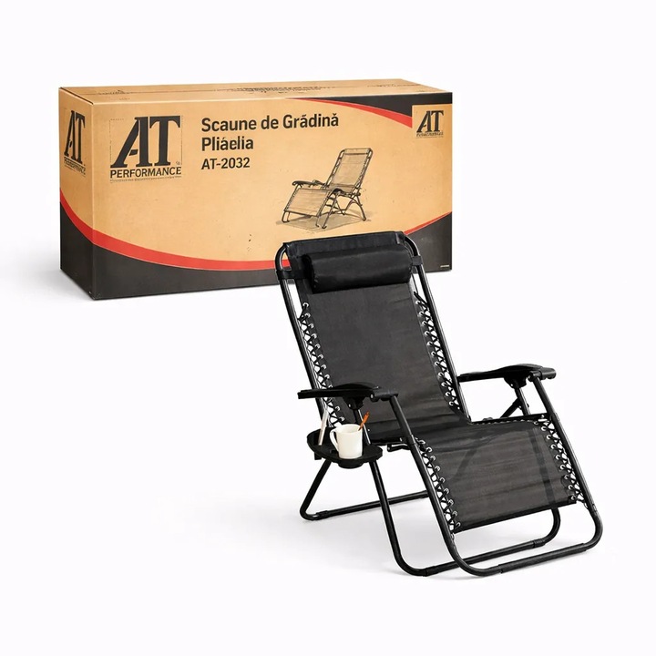 Sezlong Portabil AT PERFORMANCE®, de Lux, Modern, Scaun Reclinabil, Pliabil pentru Plaja si Gradina, cu Suport pentru Pahare