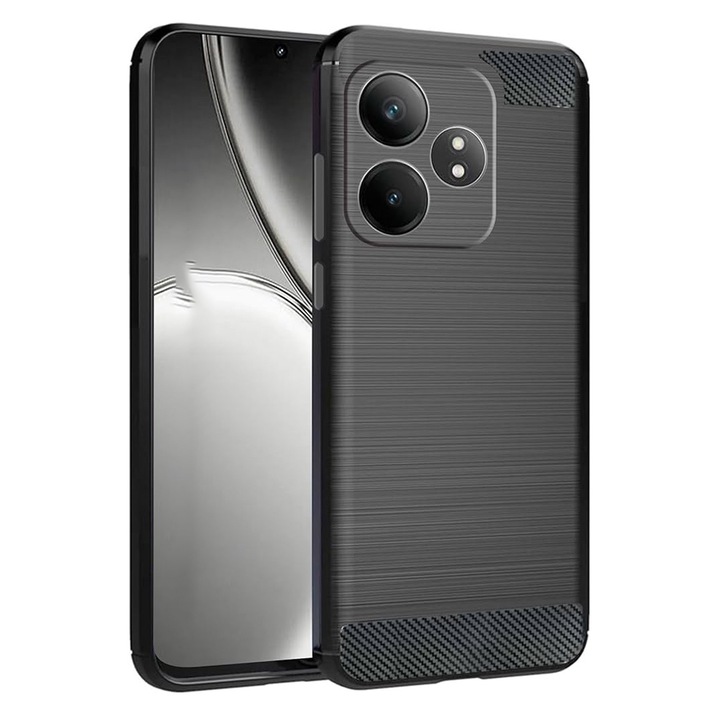 Устойчив на въглерод калъф за Realme GT 6, ОПТИМАЛНО РЕШЕНИЕ, силиконова TPU по-добра защита, дизайн на влакна, оптимизация против удар, дълготраен калъф, черен
