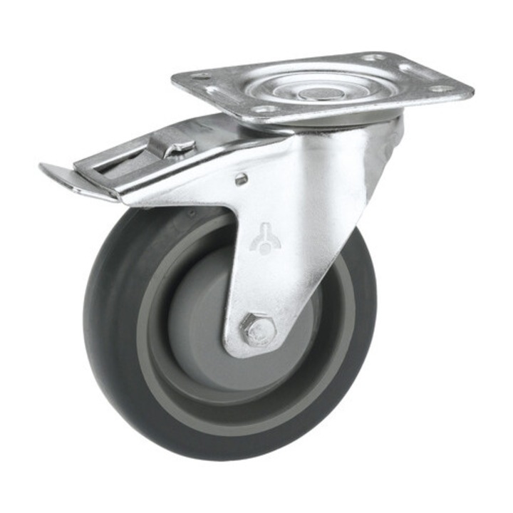 Roata Pivotanta Plastic & Cauciuc Plin Tarrox Ø80mm, Placa Fixare 105x85 Mm, Cu Rulment, Frana Si Blocare Directie