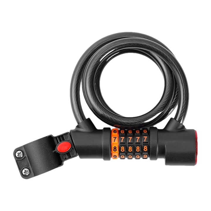 Lopásgátló kerékpár tartóval és féklámpa funkcióval, újratölthető akkumulátorral, West Biking, vastagság 1,2 cm, acél kábel, ABS, PVC, zár LED-es világító számjegygel, hossz 120 cm, strapabíró