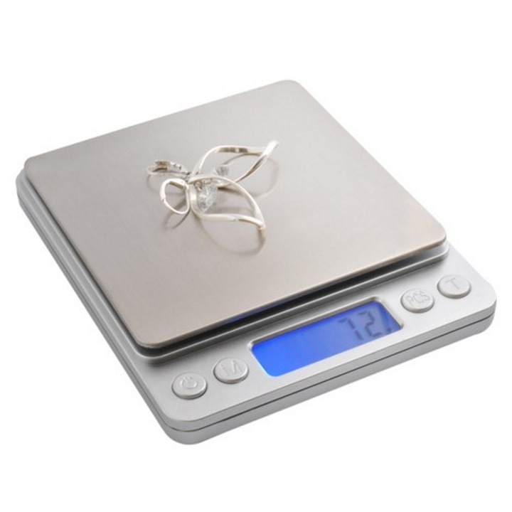 Cantar de Bucatarie idealSTORE, Include 2 Recipiente de Cantarire, Precizie de Masurare: 0, 1 g, Display LCD Digital, Iluminare de Fundal, Functie Tare, Oprire Automata, Sarcina Maxima 2 Kg