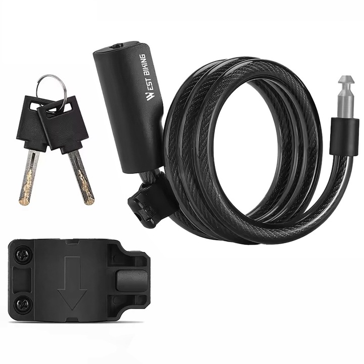 Kerékpár lopásgátló tartóval, acél kábel, ABS, PVC, West Biking, 2 kulcs, vastagság 11,6 mm, hossz 115 cm, fekete