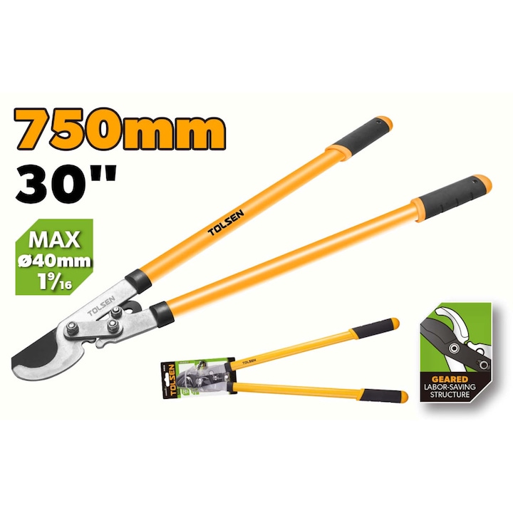 Foarfeca pentru crengi GARDENEST by TOLSEN 750 mm (30"), Capacitate taiere 40 mm, Lama otel carbon tratata termic, Suprafata teflonata, Structura economisire forta, Maner 2 componente, bypass, tijele din aluminiu, priza confortabila, ideal pentru gradina