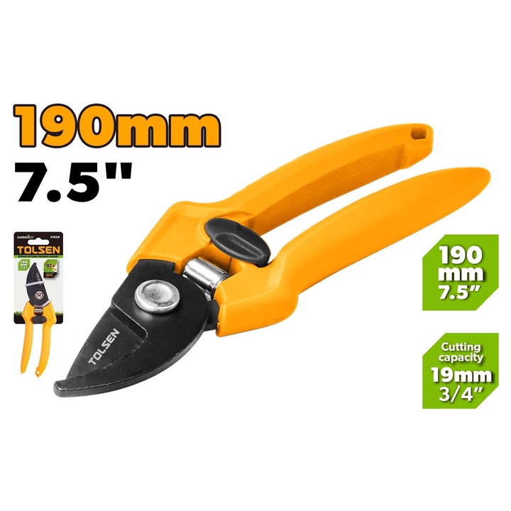 Foarfeca de gradinarit Bypass GARDENEST by TOLSEN 190 mm (7.5"), Lama otel carbon tratat cu strat teflonat, Taiere 19 mm, Maner plastic rezistent, Pentru taiere precisa in gradina, Galben, suruburi reglabile, constructie durabila, uz industrial