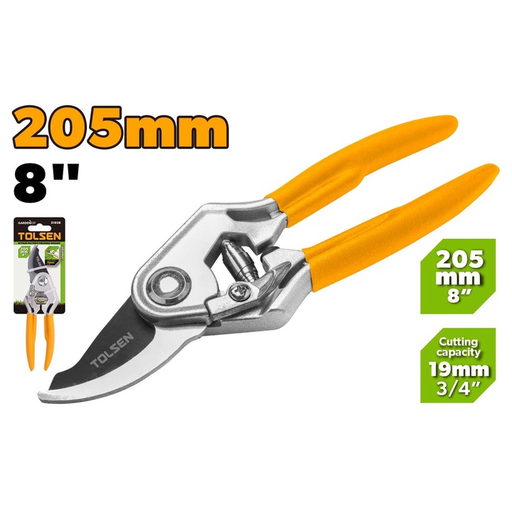 Foarfeca bypass GARDENEST by TOLSEN 205 mm (8"), Corp aluminiu, Lama otel carbon cu strat teflonat, Taiere 19 mm, Maner galben antialunecare, Uz industrial, Gradinarit precis, pivot central reglabil, constructie robusta, ideal pentru crengi si vita de vie