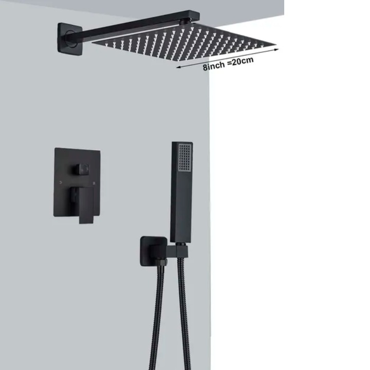 Coloana de dus, cap de dus, cap tip ploaie, 2 cai, 8 inch, montare pe perete, alama, negru mat