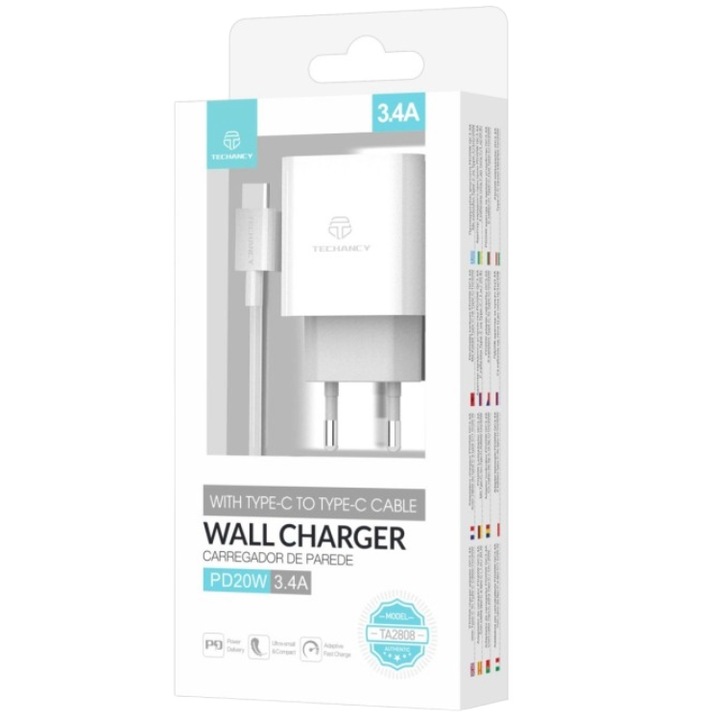 Töltő 20 W USB Type C, Techancy, Telefon, Tablet, Gyorstöltés, USB Type C kábel mellékelve, 3.4A, 1M, Fehér