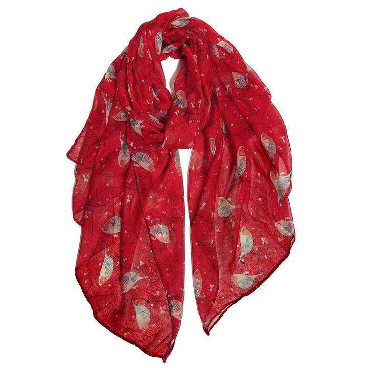 Esarfa dama, imprimeu cu flori si pasari, pentru toate anotimpurile, GOGOU®, Rosu, 85x180 cm