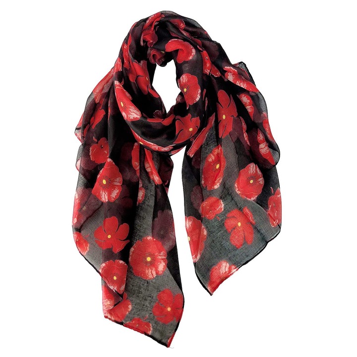 Esarfa dama, imprimeu flori, pentru toate anotimpurile, GOGOU®, Negru/Rosu, 85x180 cm