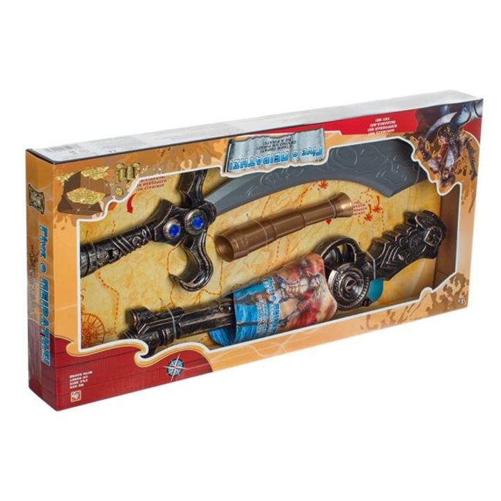 Set de joaca arme pirati, 4 piese, luneta, sabie cu sunete, pistol, centura