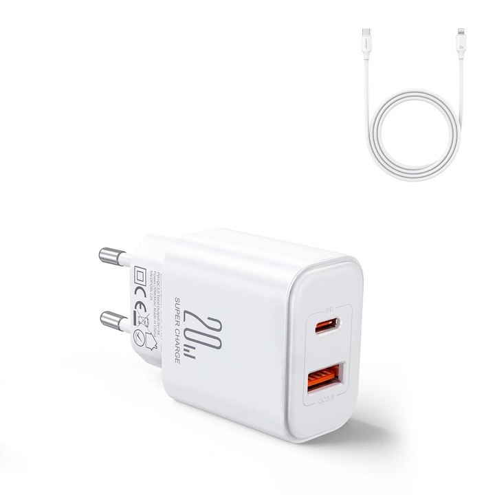 Dual-Port Kit töltő, JOYROOM, USB-A / USB-C, 20 W + 1 m Type-C Lightning kábel, fehér