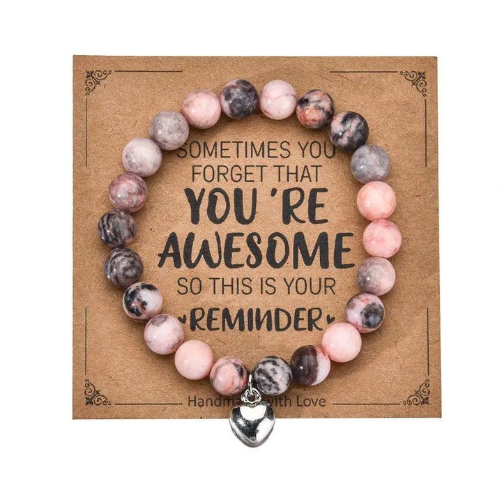 Bratara elastica, piatra naturala, inima, roz-gri