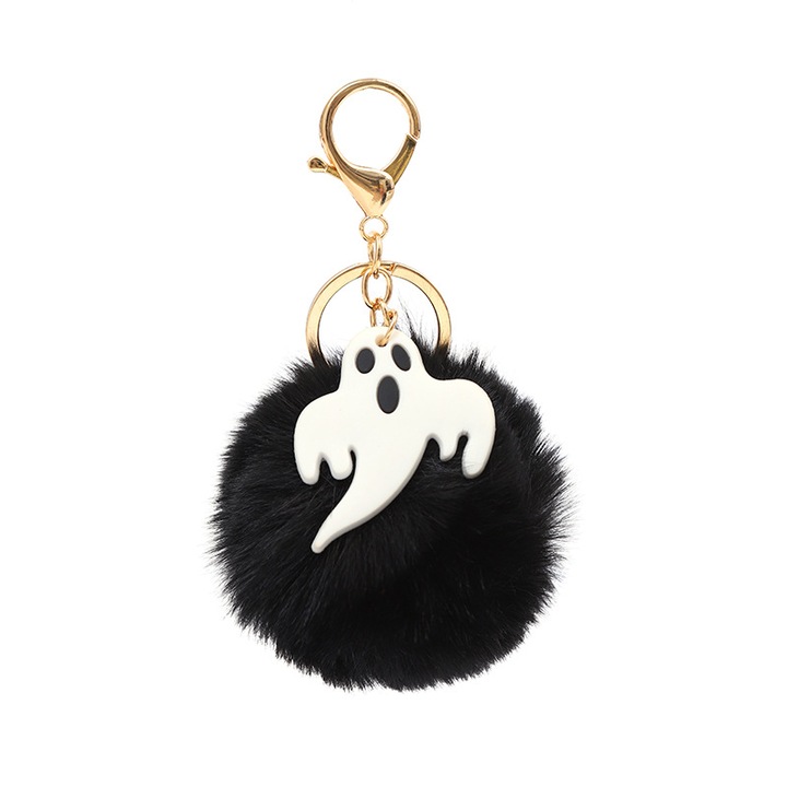 Bell kulcstartó, Halloween-mintás, bolyhos, fekete